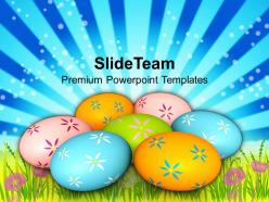 Easter bunnies colorful eggs on grass tradition powerpoint templates ppt backgrounds for slides