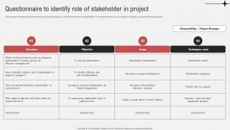 Effective Guide To Ensure Stakeholder Questionnaire To Identify Role Of Stakeholder In Project