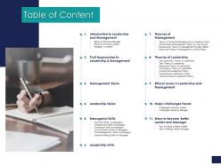 Effective leadership management styles approaches table of content ppt show