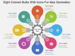 Eight colored bulbs with icons for idea generation flat powerpoint design