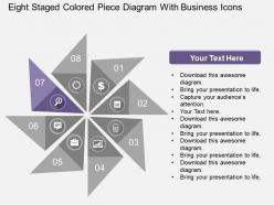 Eight staged colored piece diagram with business icons flat powerpoint design