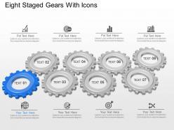 Eight staged gears with icons powerpoint template slide