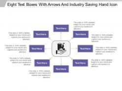 Eight text boxes with arrows and industry saving hand icon