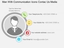El man with communication icons contae us media flat powerpoint design