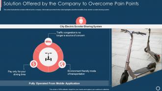 Electric scooter startup pitch deck solution offered by the company to overcome pain points