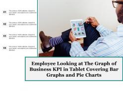 Employee looking at the graph of business kpi in tablet covering bar graphs and pie charts