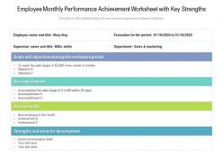 Employee monthly performance achievement worksheet with key strengths