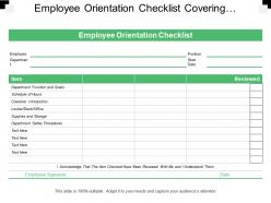 Employee orientation checklist covering departments items and review