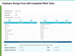 Employee resign form with completed work tasks
