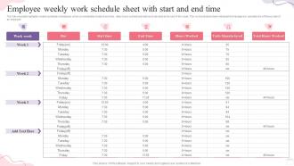 Employee Weekly Work Schedule Sheet With Start And End Time