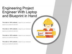 Engineering project engineer with laptop and blueprint in hand