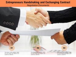 Entrepreneurs handshaking and exchanging contract negotiation documents