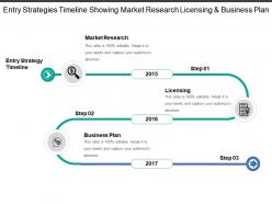 Entry strategies timeline showing market research licensing and business plan