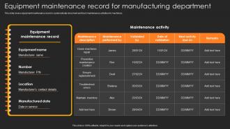 Equipment Maintenance Record For Manufacturing Department