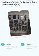 Equipments Used For Business Event Photography One Pager Sample Example Document
