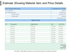 Estimate Showing Material Item And Price Details