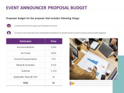 Event announcer proposal budget accommodations ppt powerpoint slides