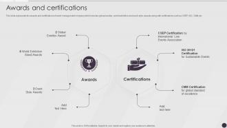 Event Coordinator Company Profile Awards And Certifications Ppt Slides Demonstration