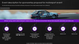 Event Description For Sponsorship Proposal For Motorsport Event Ppt Powerpoint Presentation Slides