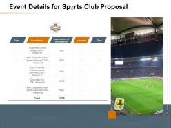 Event details for sports club proposal ppt powerpoint presentation slides deck