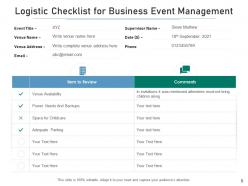 Event management logistic target date location person responsible vender