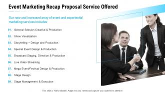 Event marketing recap proposal service offered ppt slides download