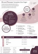 Event planner template one pager presentation report infographic ppt pdf document