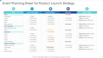 Event planning sheet for product launch strategy