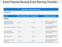 Event proposal showing event planning checklist with action target date and person responsible