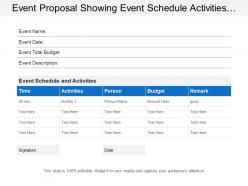 Event proposal showing event schedule activities with event description and total budget