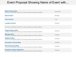 Event proposal showing name of event with target audience and risk assessment
