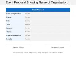 Event proposal showing name of organization with expected audience and benefits