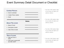 Event summary detail document or checklist