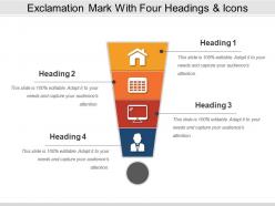 Exclamation mark with four headings and icons