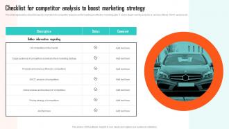 Executing Vehicle Marketing Checklist For Competitor Analysis To Boost Marketing Strategy SS V