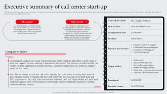 Executive Summary Of Call Center Start Up It And Tech Support Business Plan BP SS
