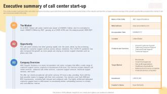 Executive Summary Of Call Center Start Up Support Center Business Plan BP SS