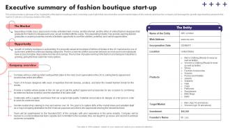 Executive Summary Of Fashion Boutique Start Up Fashion Boutique Business Plan BP SS