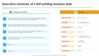 Executive Summary Of T Shirt Printing Business Custom Apparel Printing Business Plan BP SS