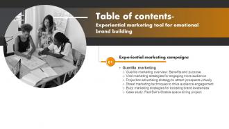 Experiential Marketing Tool For Emotional Brand Building Table Of Contents MKT SS V