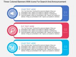 Fa three colored banners with icons for search and announcement flat powerpoint design