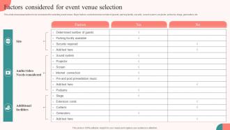 Factors Considered For Event Venue Selection Tasks For Effective Launch Event Ppt Structure