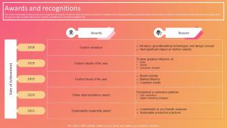 Fashion Company Profile Awards And Recognitions Ppt Infographics CP SS