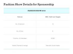 Fashion show details for sponsorship ppt infographics diagrams