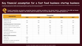 Fast Food Restaurant Key Financial Assumption For A Fast Food Business Startup Business BP SS