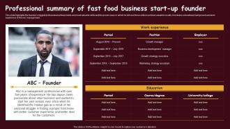Fast Food Restaurant Professional Summary Of Fast Food Business Start Up Founder BP SS