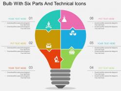 Fb bulb with six parts and technical icons flat powerpoint design