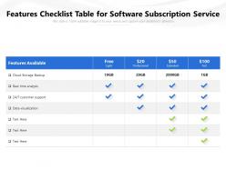Features checklist table for software subscription service