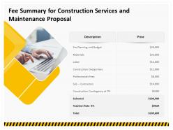 Fee summary for construction services and maintenance proposal ppt ideas