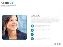 Female profile with icons for about us powerpoint slides